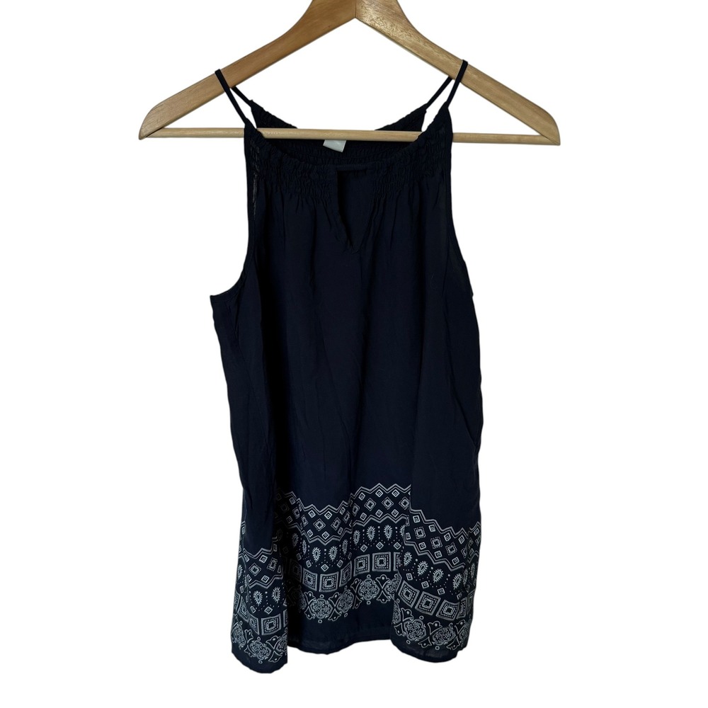 Old Navy Tank Top Women Medium Navy Blue Excellent Boho Border Print Rayon